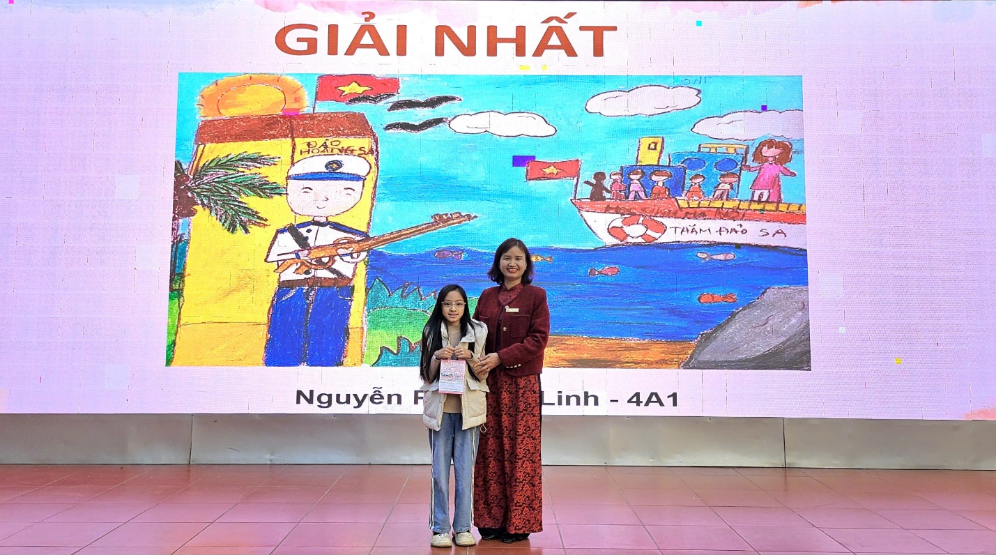 A person and a child standing in front of a large poster
Description automatically generated