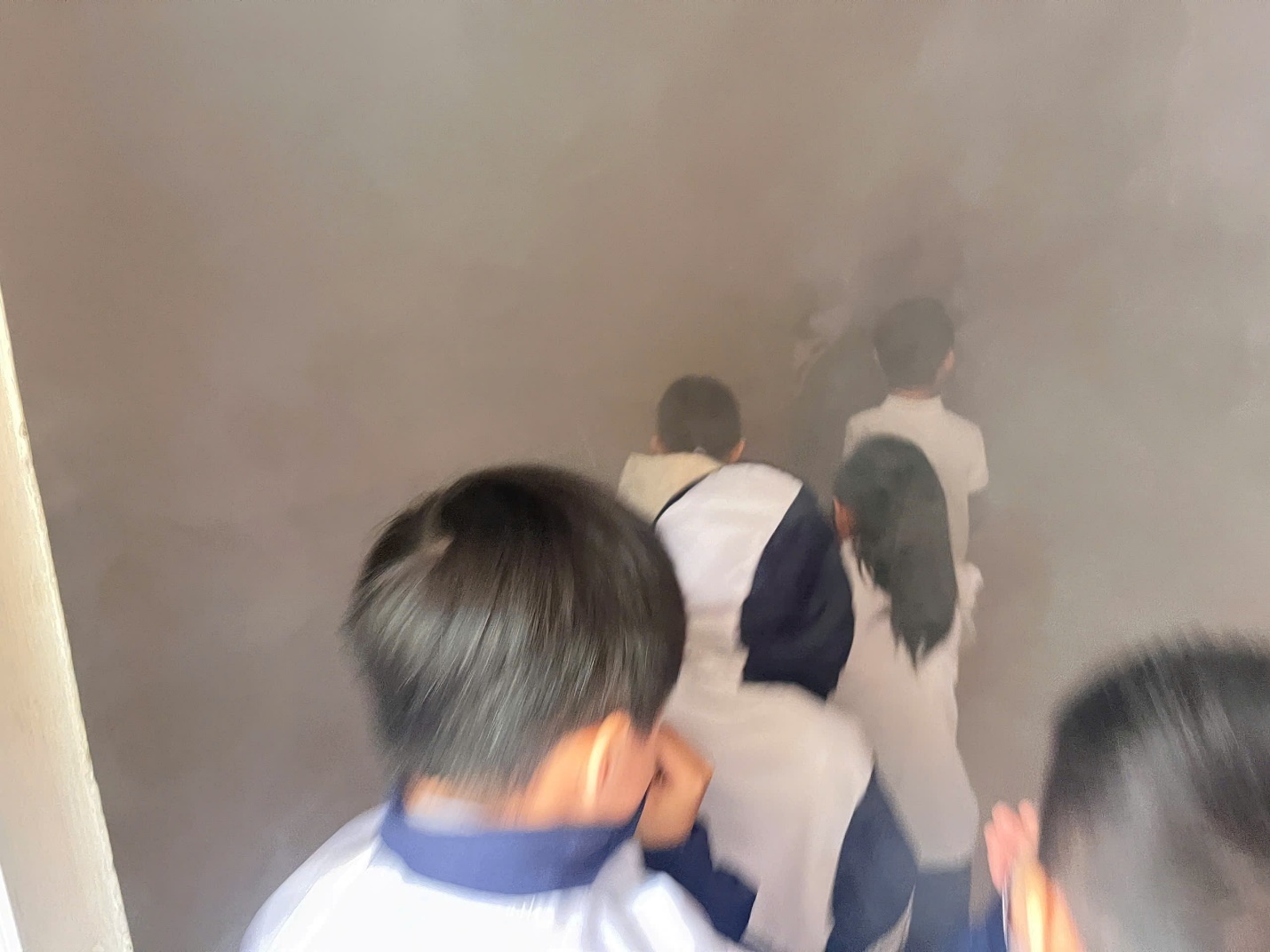 A group of children walking down a hallway

Description automatically generated