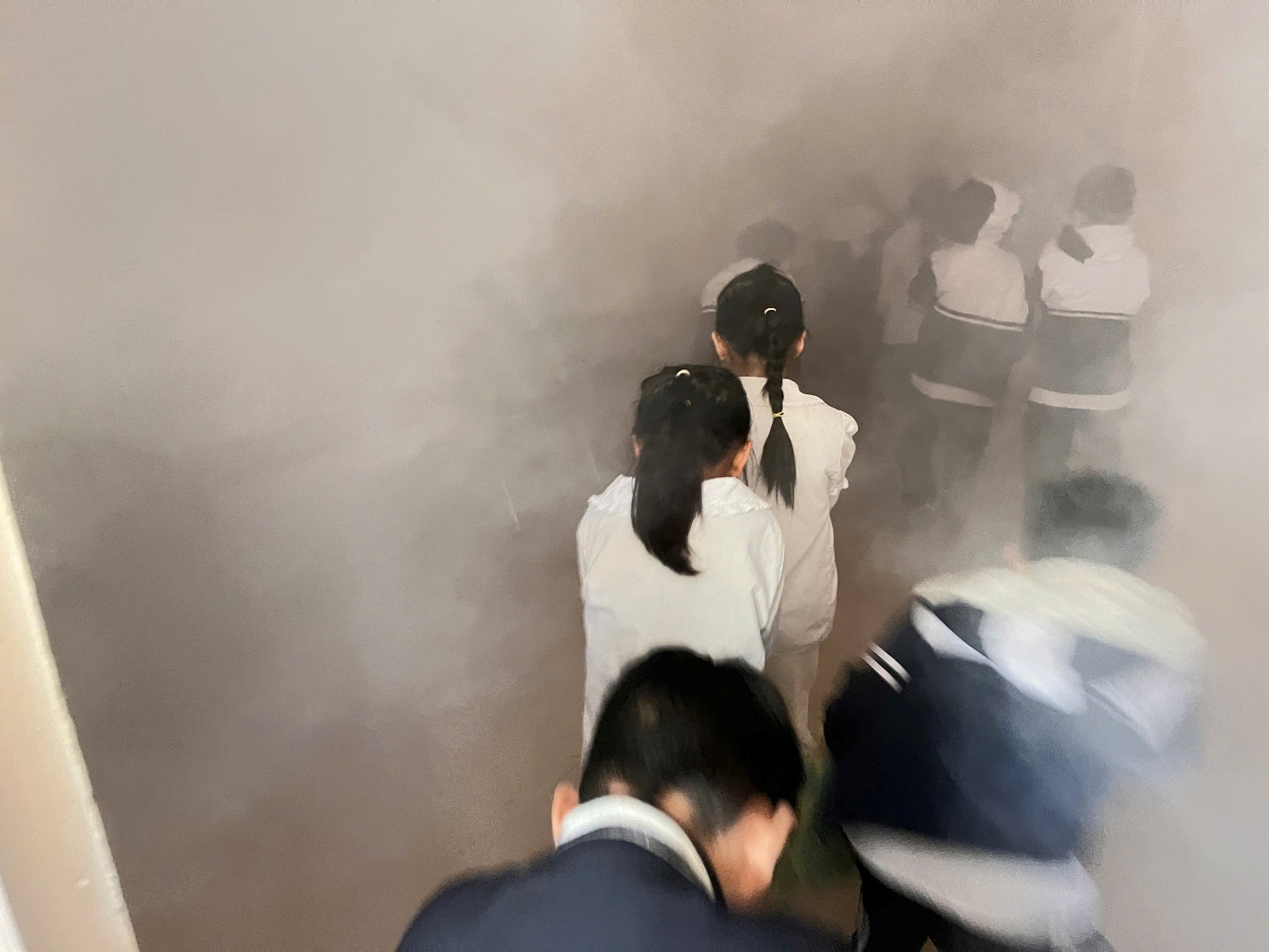 A group of people walking in smoke

Description automatically generated