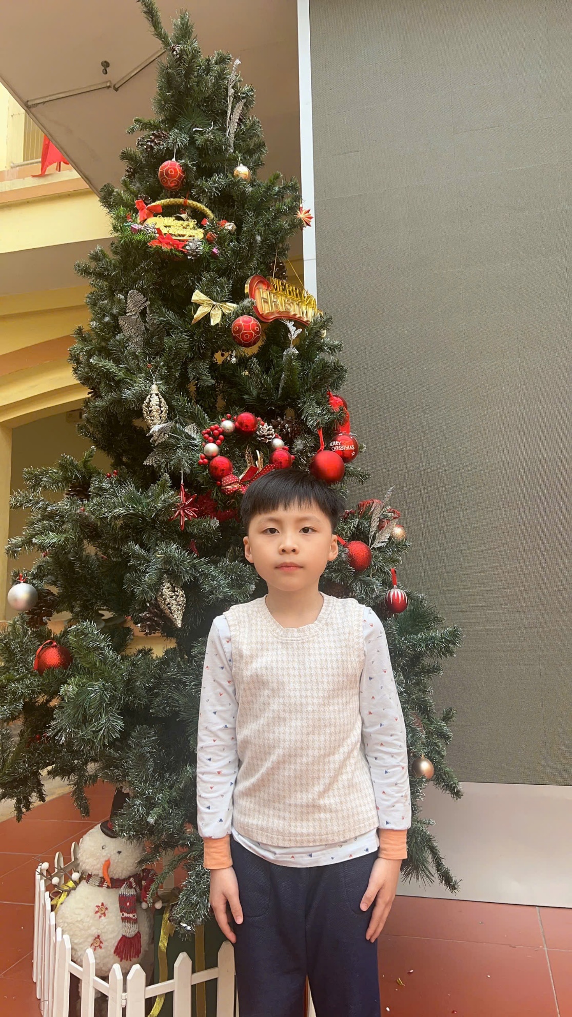 A child standing in front of a christmas tree

Description automatically generated