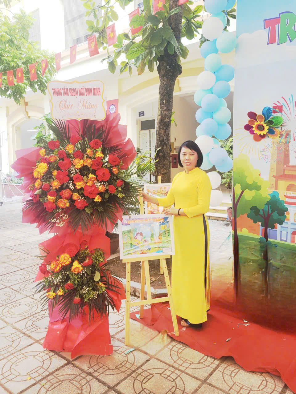 A person standing next to a large bouquet of flowers
AI-generated content may be incorrect.