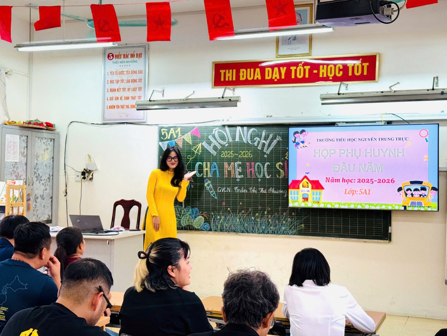 A person in a yellow dress standing in front of a blackboard

AI-generated content may be incorrect.