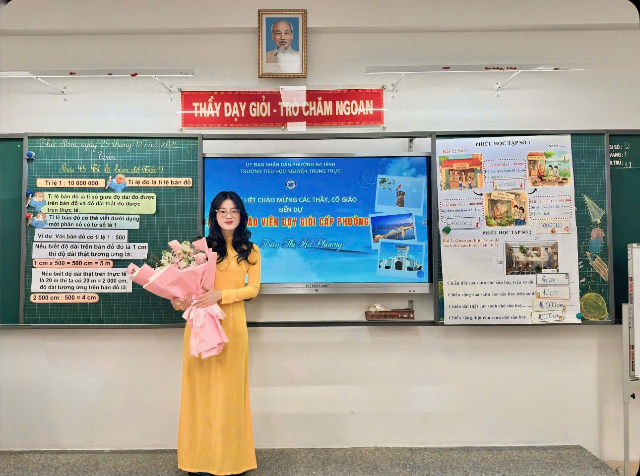 A person in a yellow dress holding a pink bouquet in front of a board

AI-generated content may be incorrect.